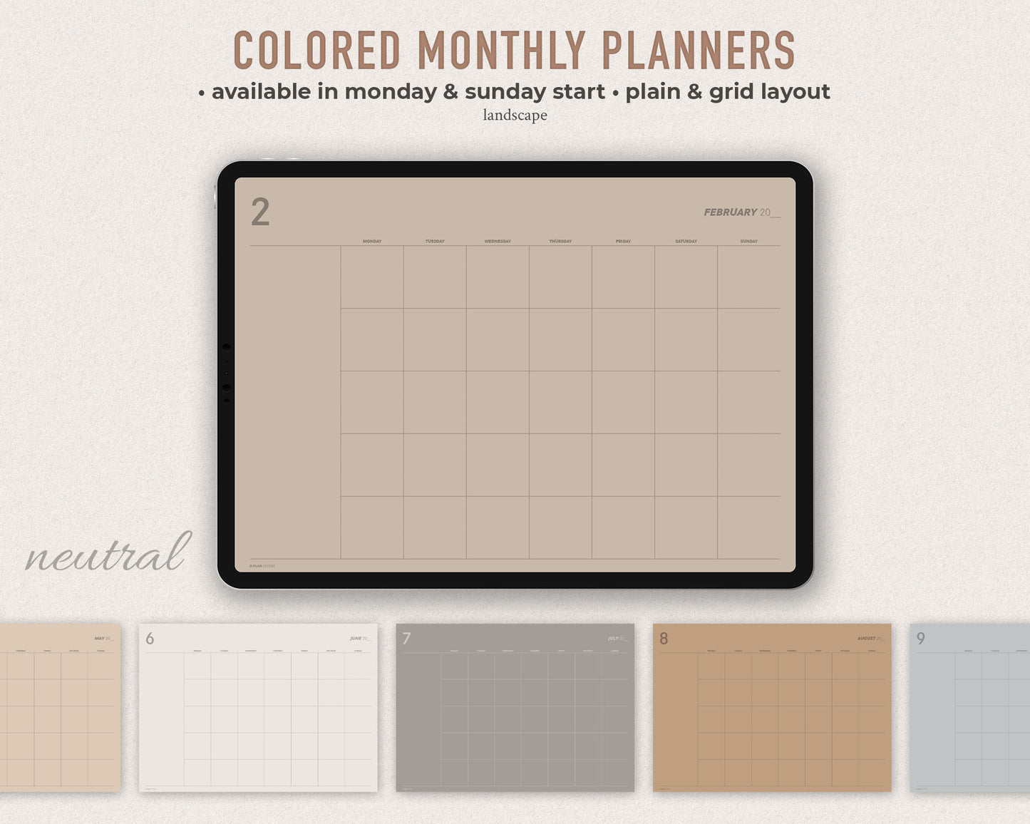Undated Digital Monthly Planner - Neutral theme